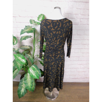 London Times Brown & Black Patterned Dress Size 8 V-Neck 3/4 Sleeves Knee Length