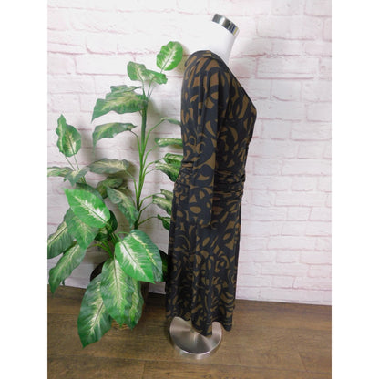 London Times Brown & Black Patterned Dress Size 8 V-Neck 3/4 Sleeves Knee Length