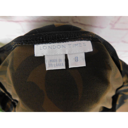 London Times Brown & Black Patterned Dress Size 8 V-Neck 3/4 Sleeves Knee Length