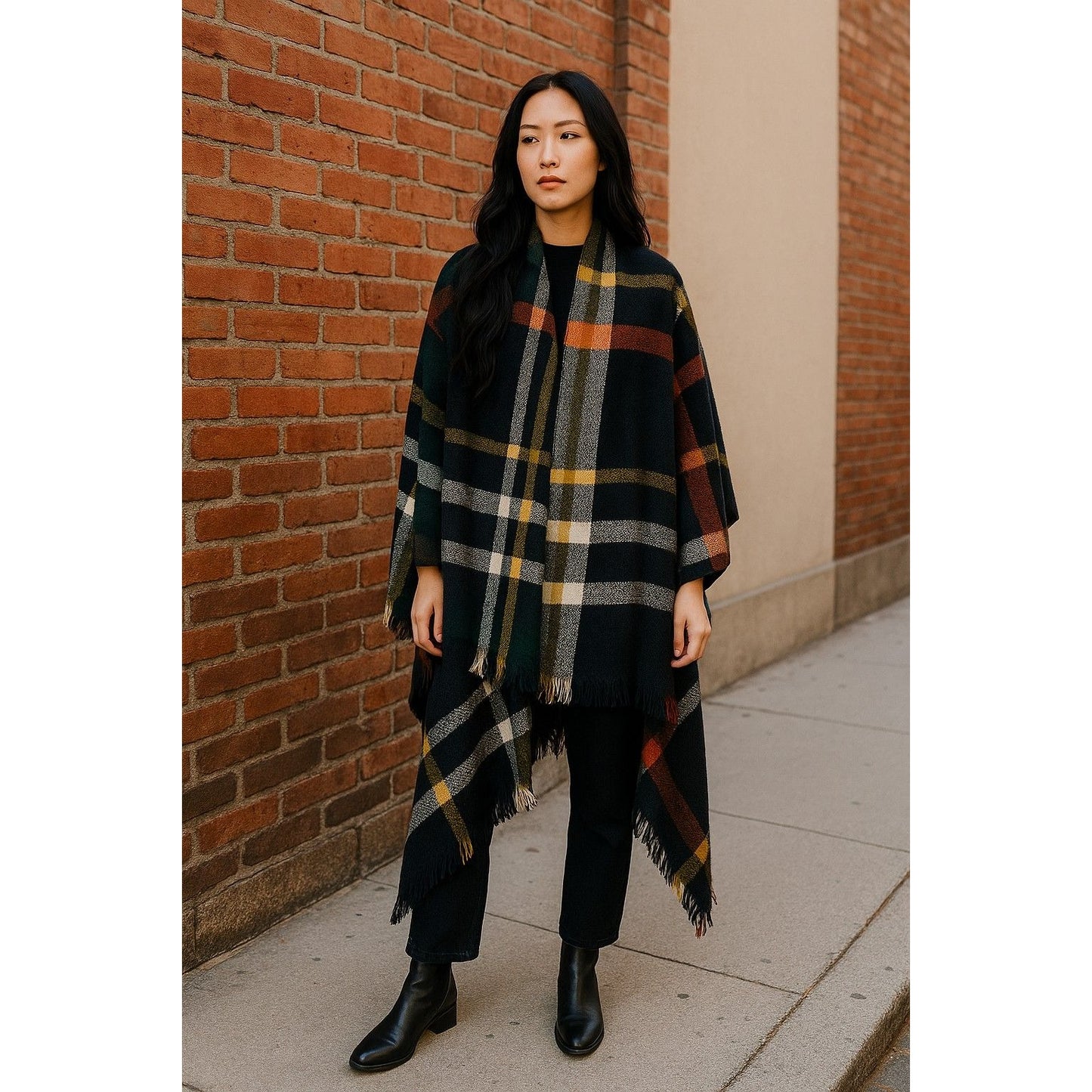 Large Green Navy Tartan Blanket Scarf 55" - Lightweight Plaid Wrap - Excellent