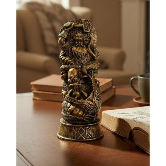 Thor Norse God Statue 8" Gold Finish - Viking Hammer Mjölnir - New