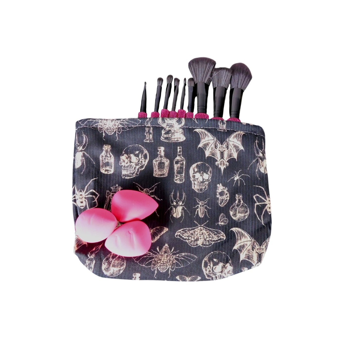 Skull & Insect Gothic Makeup Bag With Zipper Black Fabric Spooky Pattern Medium Size Storage Pouch