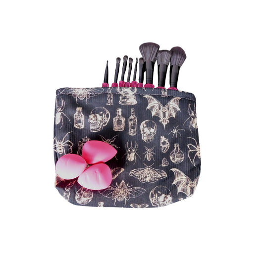 Skull & Insect Gothic Makeup Bag With Zipper Black Fabric Spooky Pattern Medium Size Storage Pouch