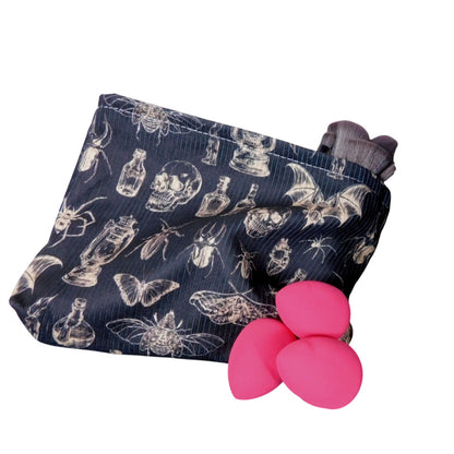 Skull & Insect Gothic Makeup Bag With Zipper Black Fabric Spooky Pattern Medium Size Storage Pouch