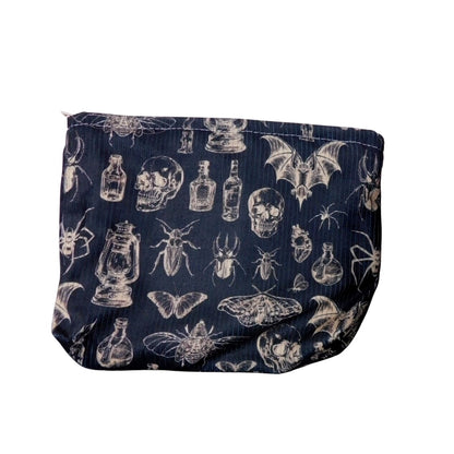 Skull & Insect Gothic Makeup Bag With Zipper Black Fabric Spooky Pattern Medium Size Storage Pouch