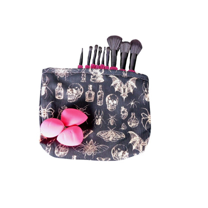 Skull & Insect Gothic Makeup Bag With Zipper Black Fabric Spooky Pattern Medium Size Storage Pouch