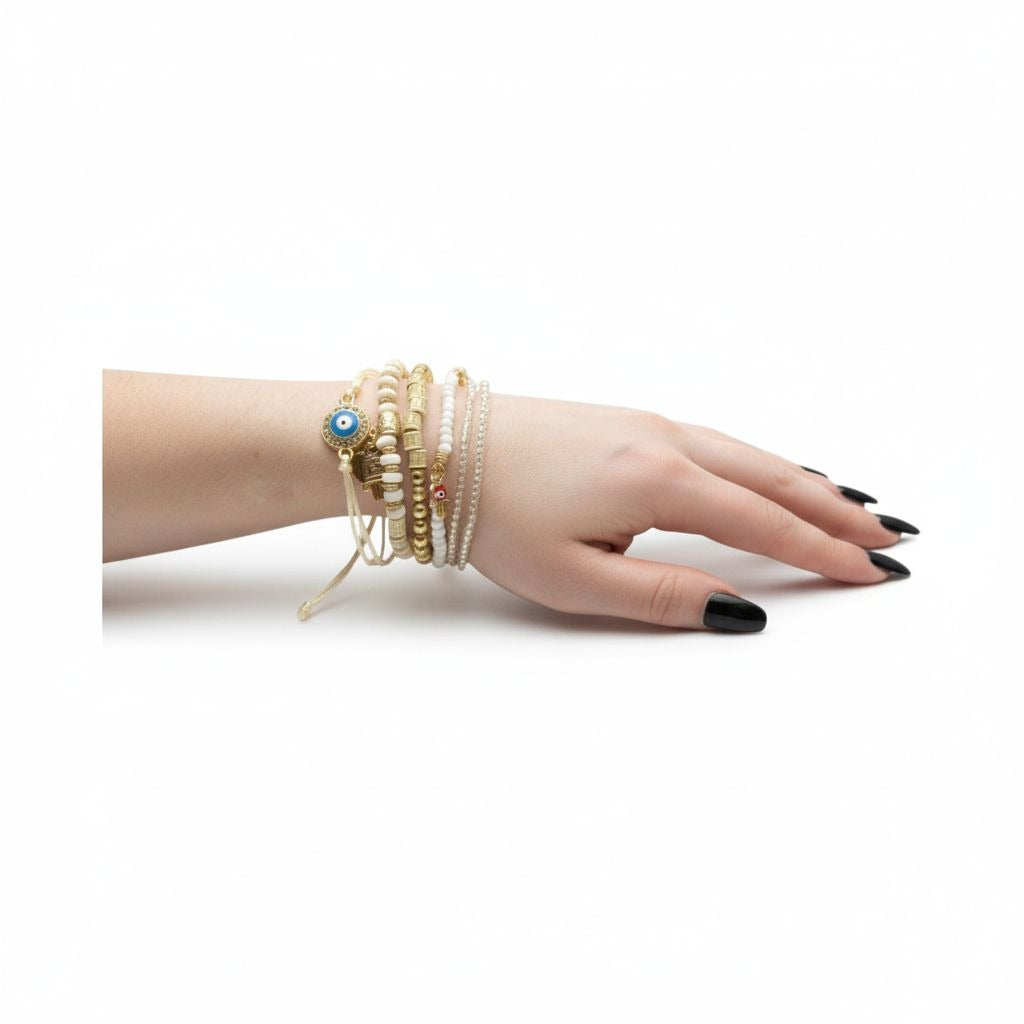 Multilayer Evil Eye Hamsa Hand Beaded Stretch Bracelet Set White Gold