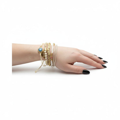 Multilayer Evil Eye Hamsa Hand Beaded Stretch Bracelet Set White Gold