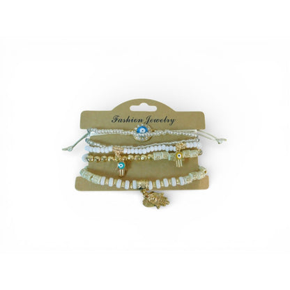 Multilayer Evil Eye Hamsa Hand Beaded Stretch Bracelet Set White Gold