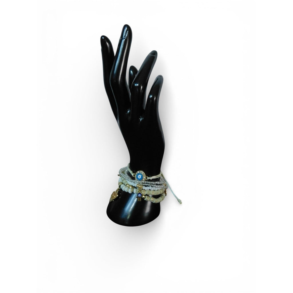 Multilayer Evil Eye Hamsa Hand Beaded Stretch Bracelet Set White Gold