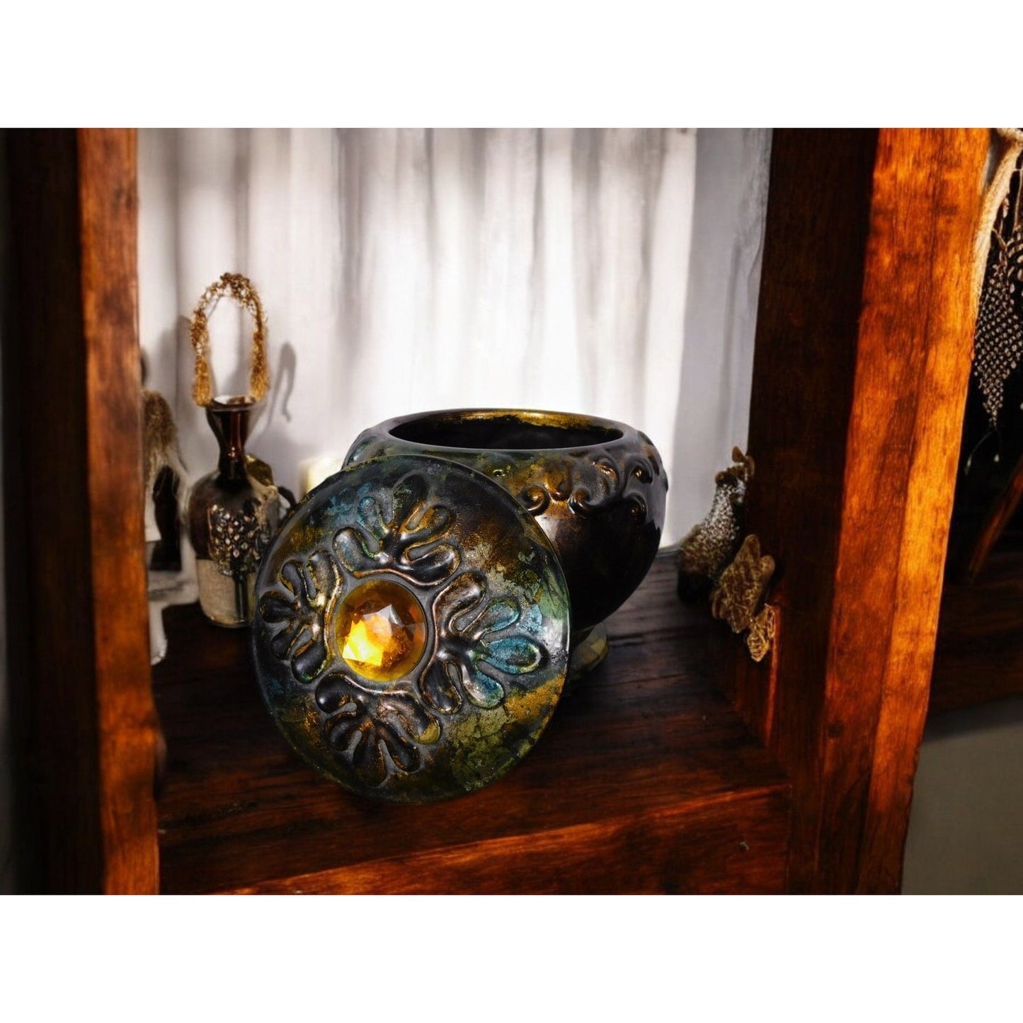 Antique Glazed Ceramic Jar with Lid Bohemian Rustic Decor 6" Tall