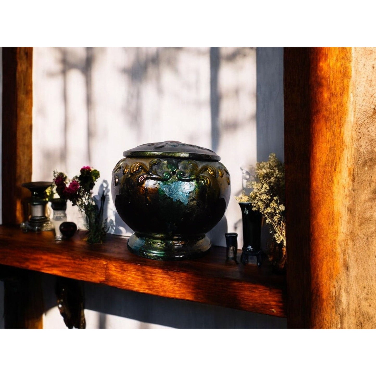 Antique Glazed Ceramic Jar with Lid Bohemian Rustic Decor 6" Tall