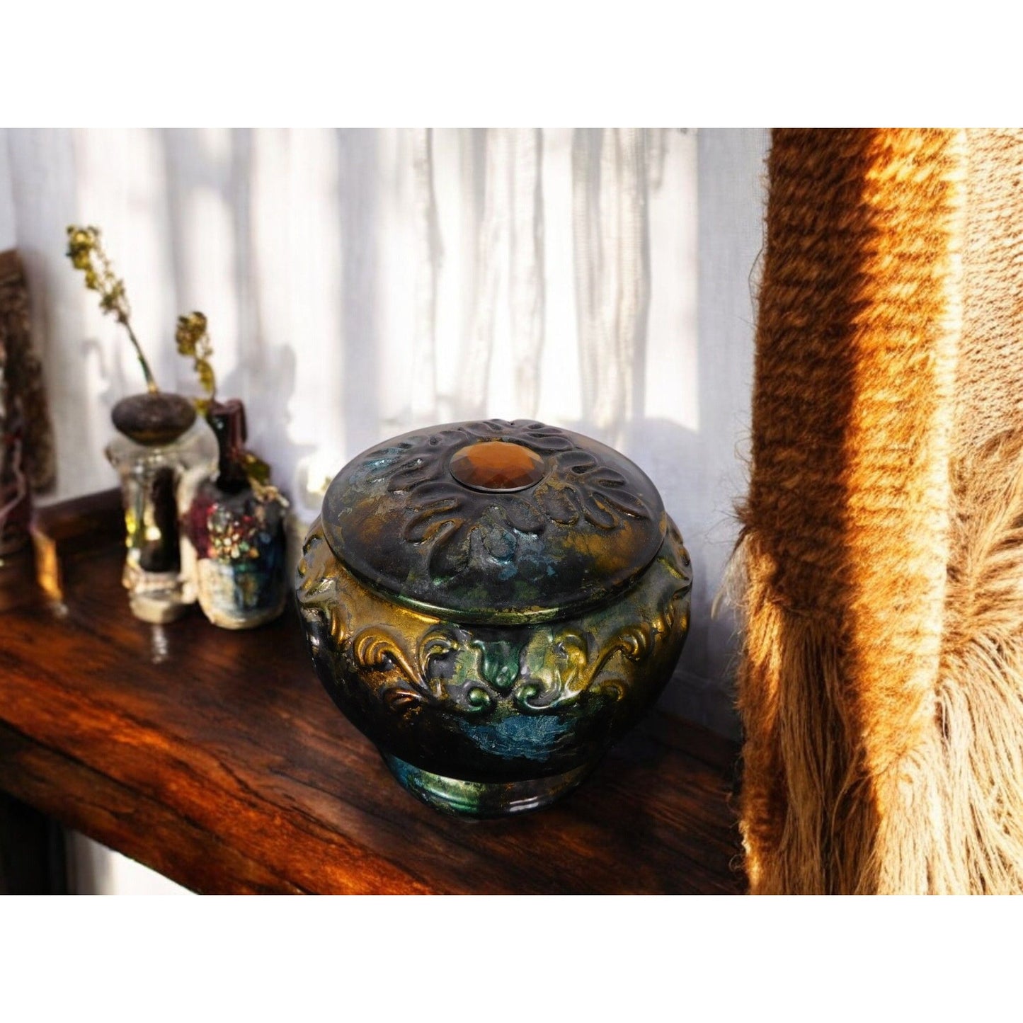 Antique Glazed Ceramic Jar with Lid Bohemian Rustic Decor 6" Tall