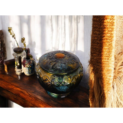 Antique Glazed Ceramic Jar with Lid Bohemian Rustic Decor 6" Tall