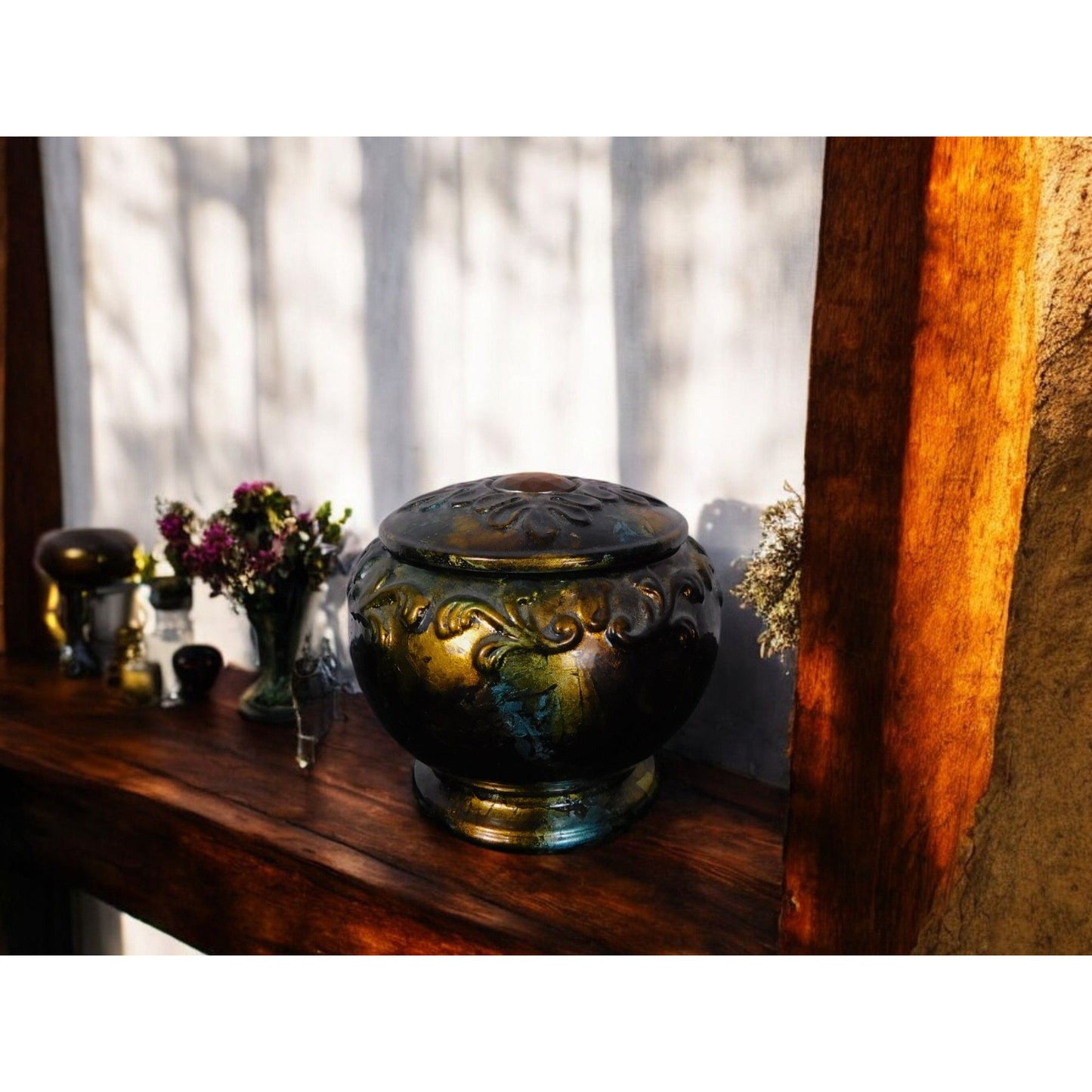 Antique Glazed Ceramic Jar with Lid Bohemian Rustic Decor 6" Tall