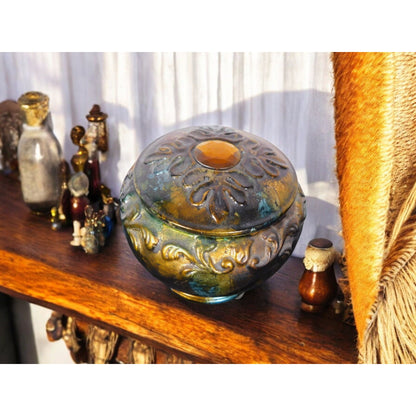 Antique Glazed Ceramic Jar with Lid Bohemian Rustic Decor 6" Tall