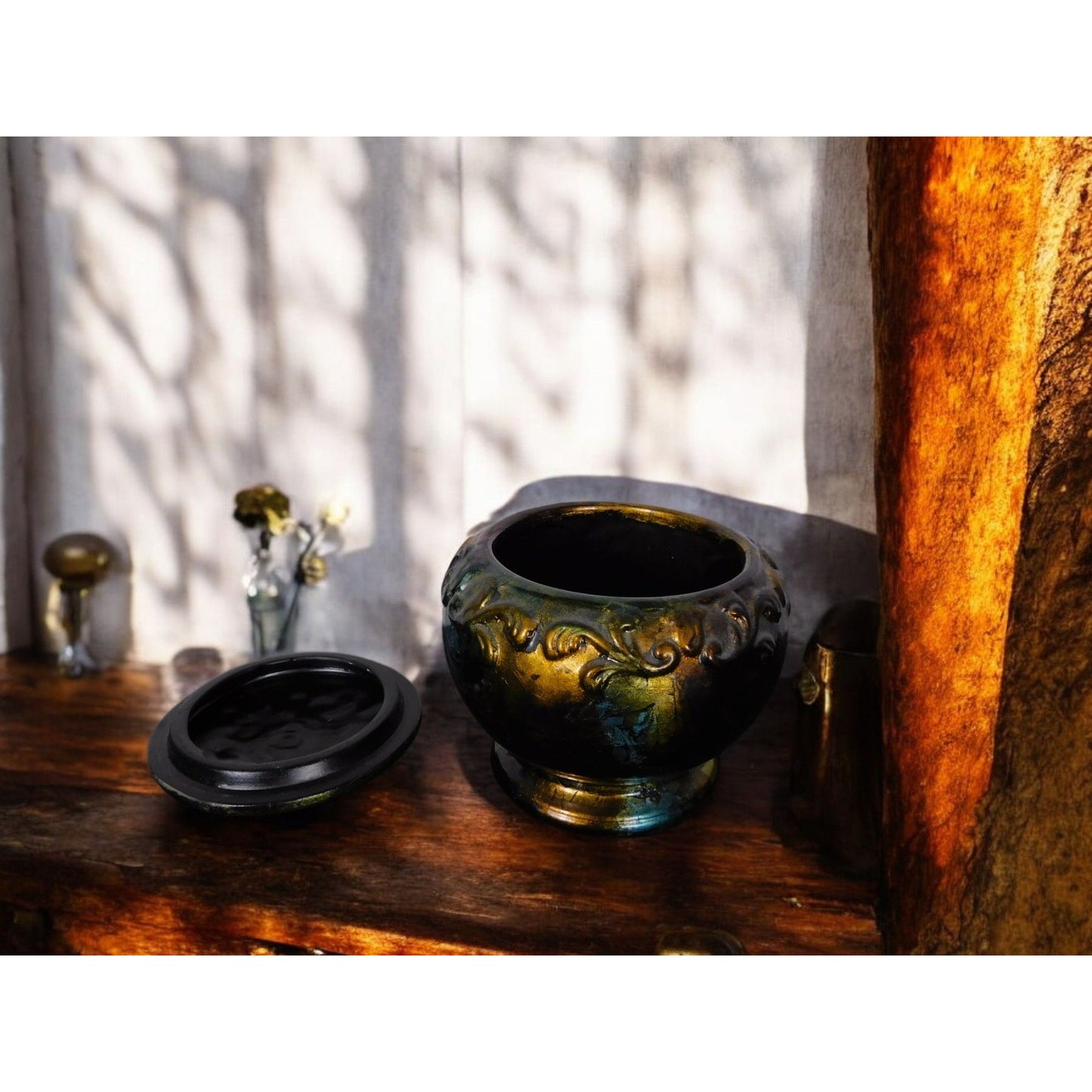 Antique Glazed Ceramic Jar with Lid Bohemian Rustic Decor 6" Tall