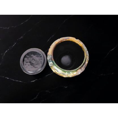 Antique Glazed Ceramic Jar with Lid Bohemian Rustic Decor 6" Tall