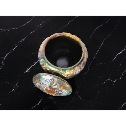 Antique Glazed Ceramic Jar with Lid Bohemian Rustic Decor 6" Tall