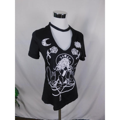 Witchy Gothic Graphic Shirt Womens Medium Black Deep V Cutout Choker Cats Moon