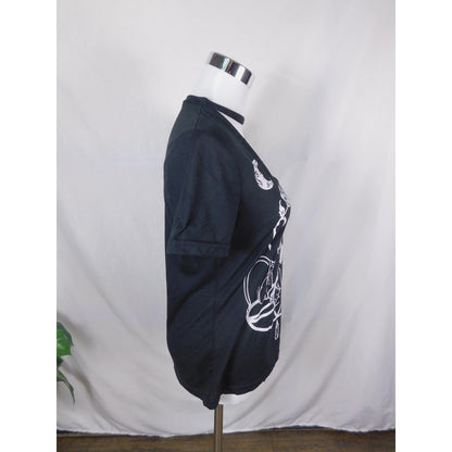 Witchy Gothic Graphic Shirt Womens Medium Black Deep V Cutout Choker Cats Moon