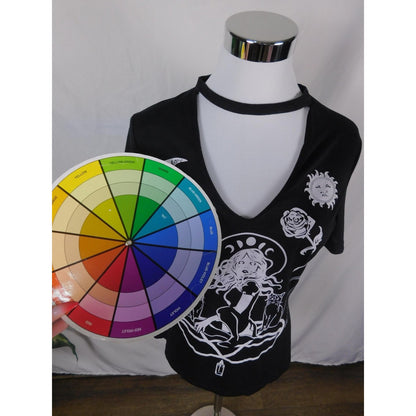 Witchy Gothic Graphic Shirt Womens Medium Black Deep V Cutout Choker Cats Moon