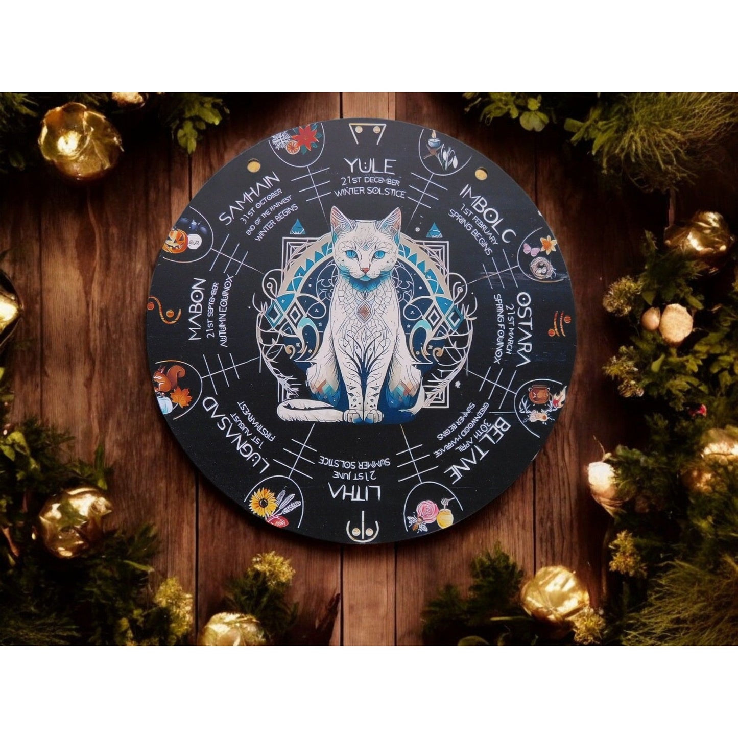 8" Wooden Wheel of the Year Cat Design Wiccan Pagan Wall Décor Calendar