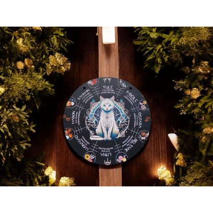 8" Wooden Wheel of the Year Cat Design Wiccan Pagan Wall Décor Calendar