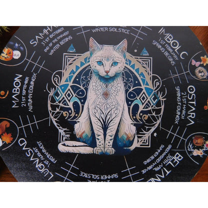 8" Wooden Wheel of the Year Cat Design Wiccan Pagan Wall Décor Calendar