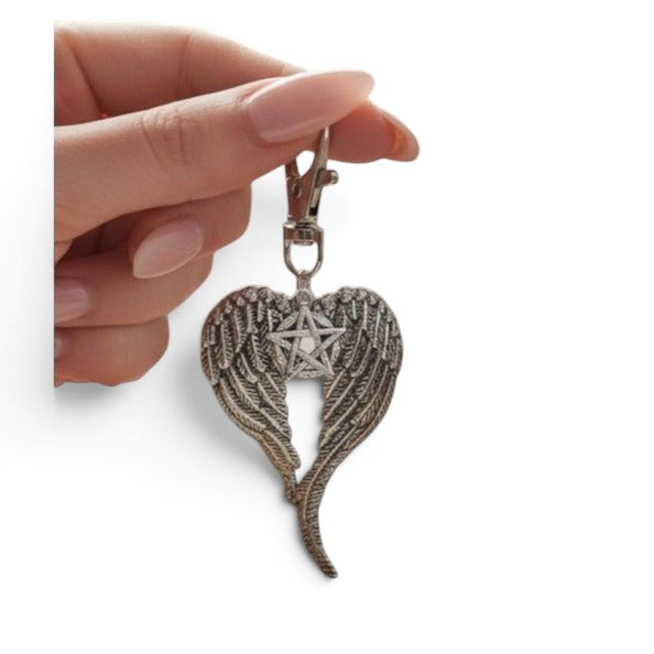 Angel Wing Pentagram Keychain Silver Clip