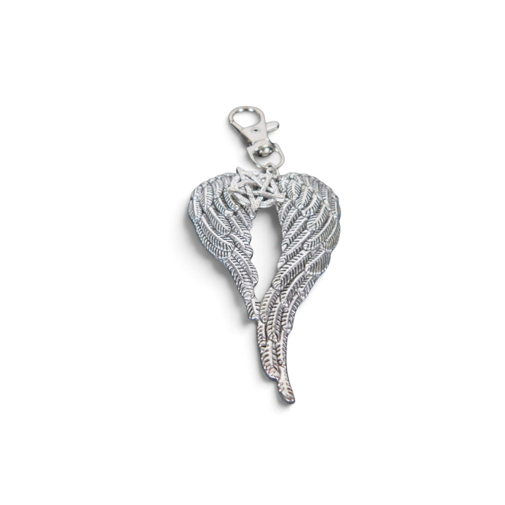 Angel Wing Pentagram Keychain Silver Clip