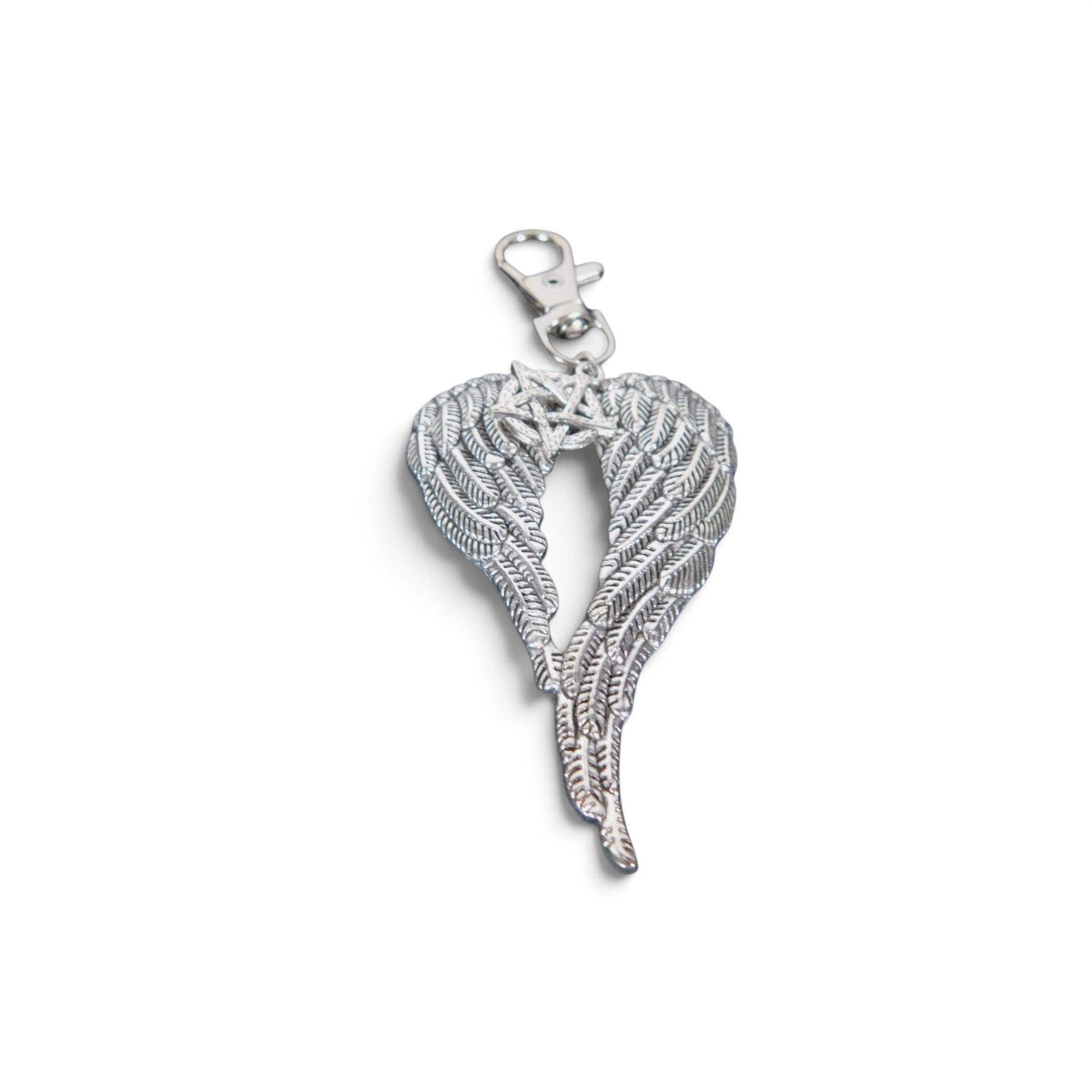Angel Wing Pentagram Keychain Silver Clip