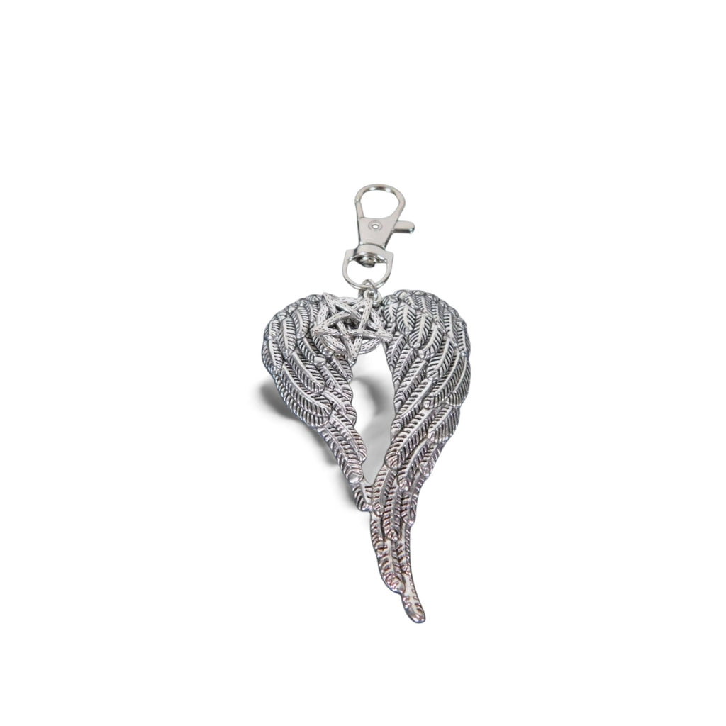 Angel Wing Pentagram Keychain Silver Clip