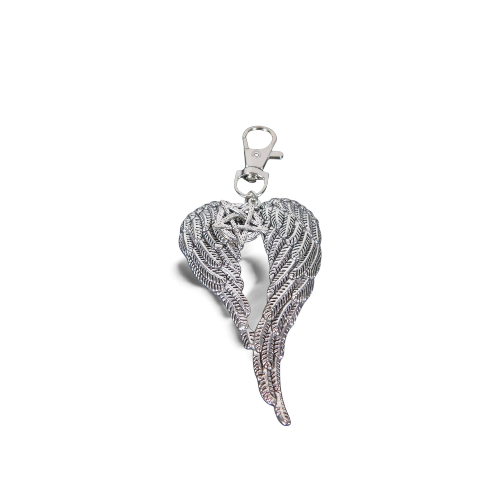 Angel Wing Pentagram Keychain Silver Clip