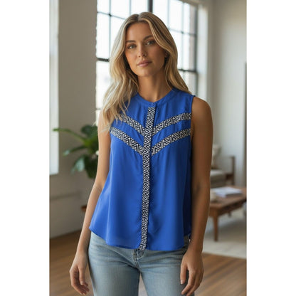 Attention Blue Geometric Sleeveless Blouse S - Button Up - Excellent