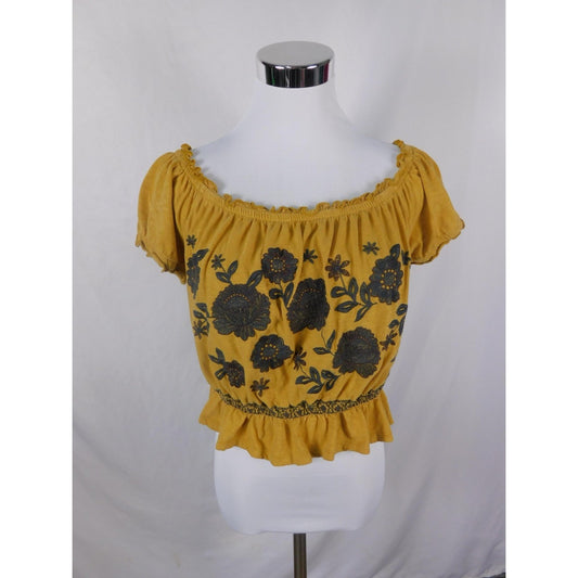 AE Yellow Off Shoulder Floral Crop Tee Boho Witch L