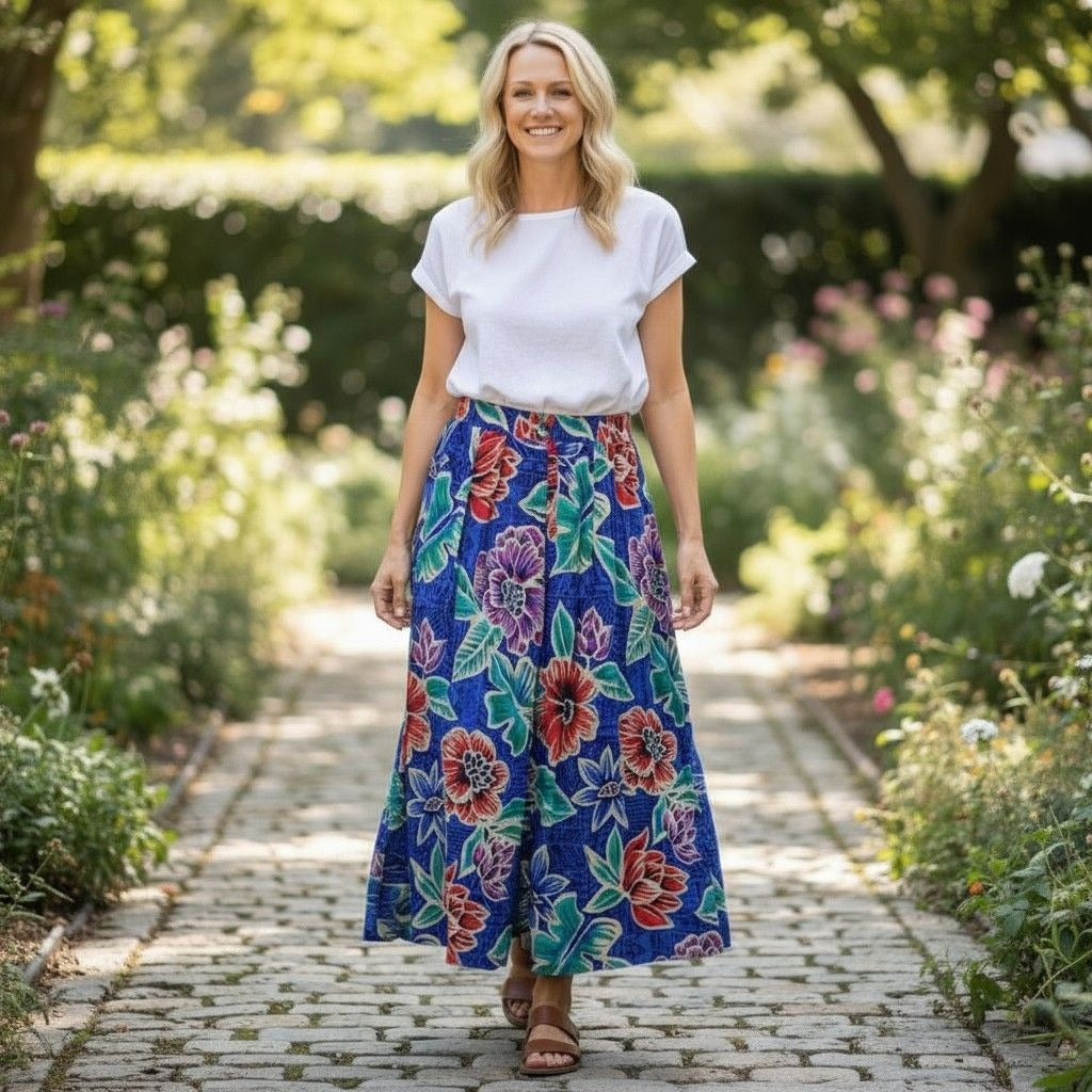 Vtg Worthington Blue Floral Pleated Skirt 8 USA 90s