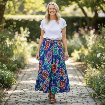 Vtg Worthington Blue Floral Pleated Skirt 8 USA 90s