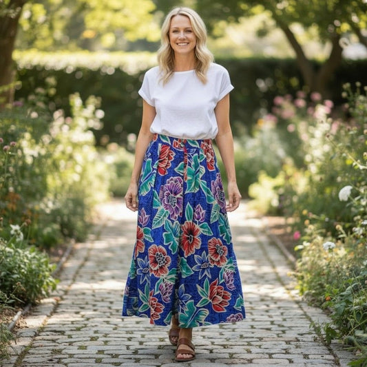 Vtg Worthington Blue Floral Pleated Skirt 8 USA 90s