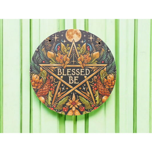 Blessed Be Pagan Wiccan Wooden Wall Sign 8x8 Pentagram