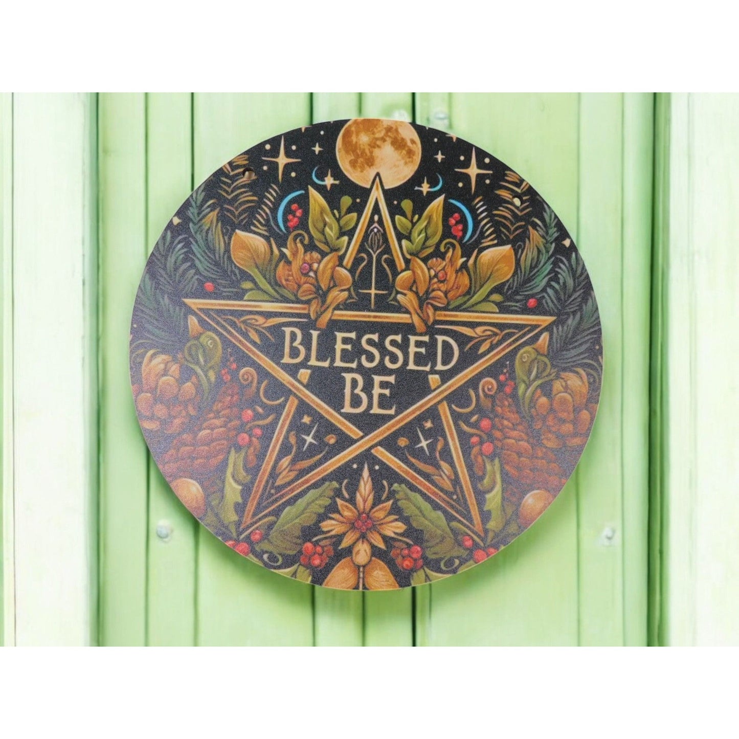 Blessed Be Pagan Wiccan Wooden Wall Sign 8x8 Pentagram