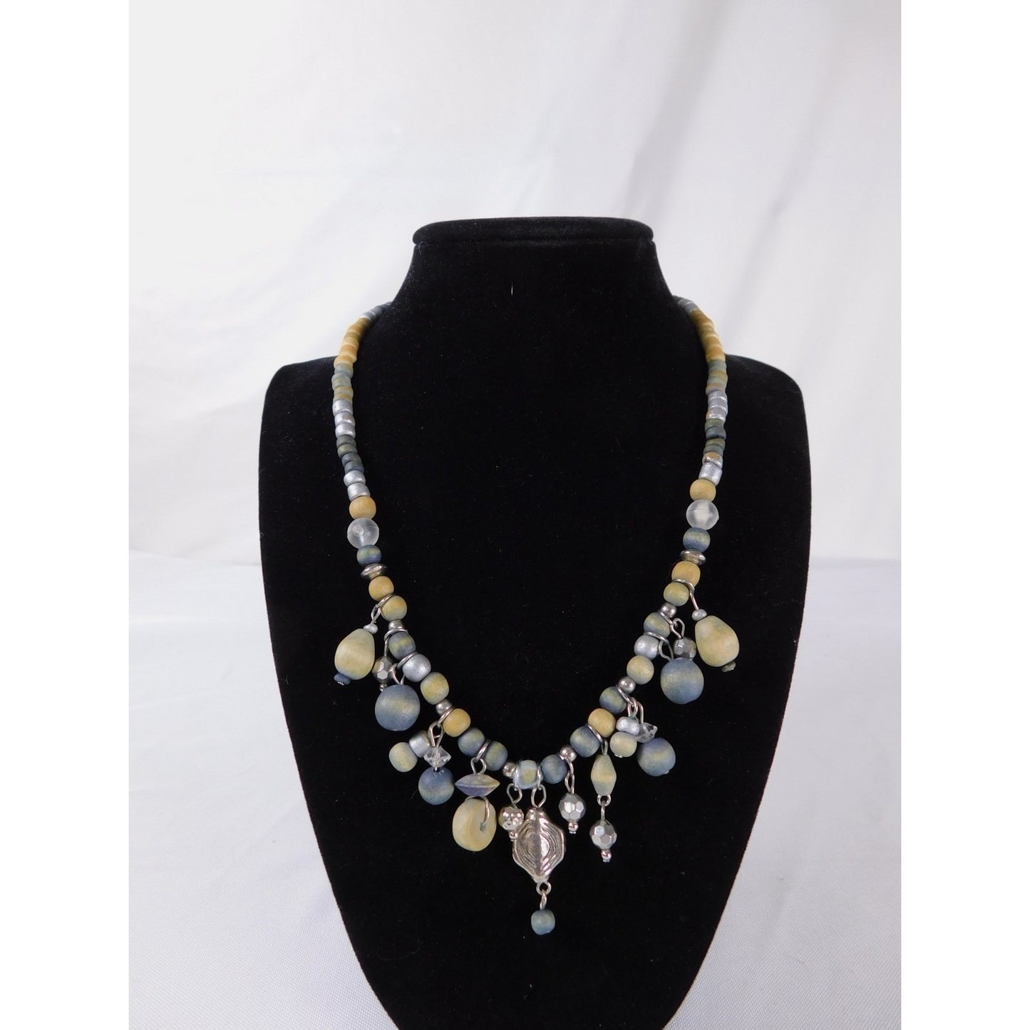 Vintage Handmade Beaded Necklace Silver Tone Dangle Boho Unique Statement Jewelr