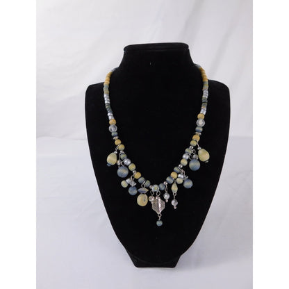 Vintage Handmade Beaded Necklace Silver Tone Dangle Boho Unique Statement Jewelr