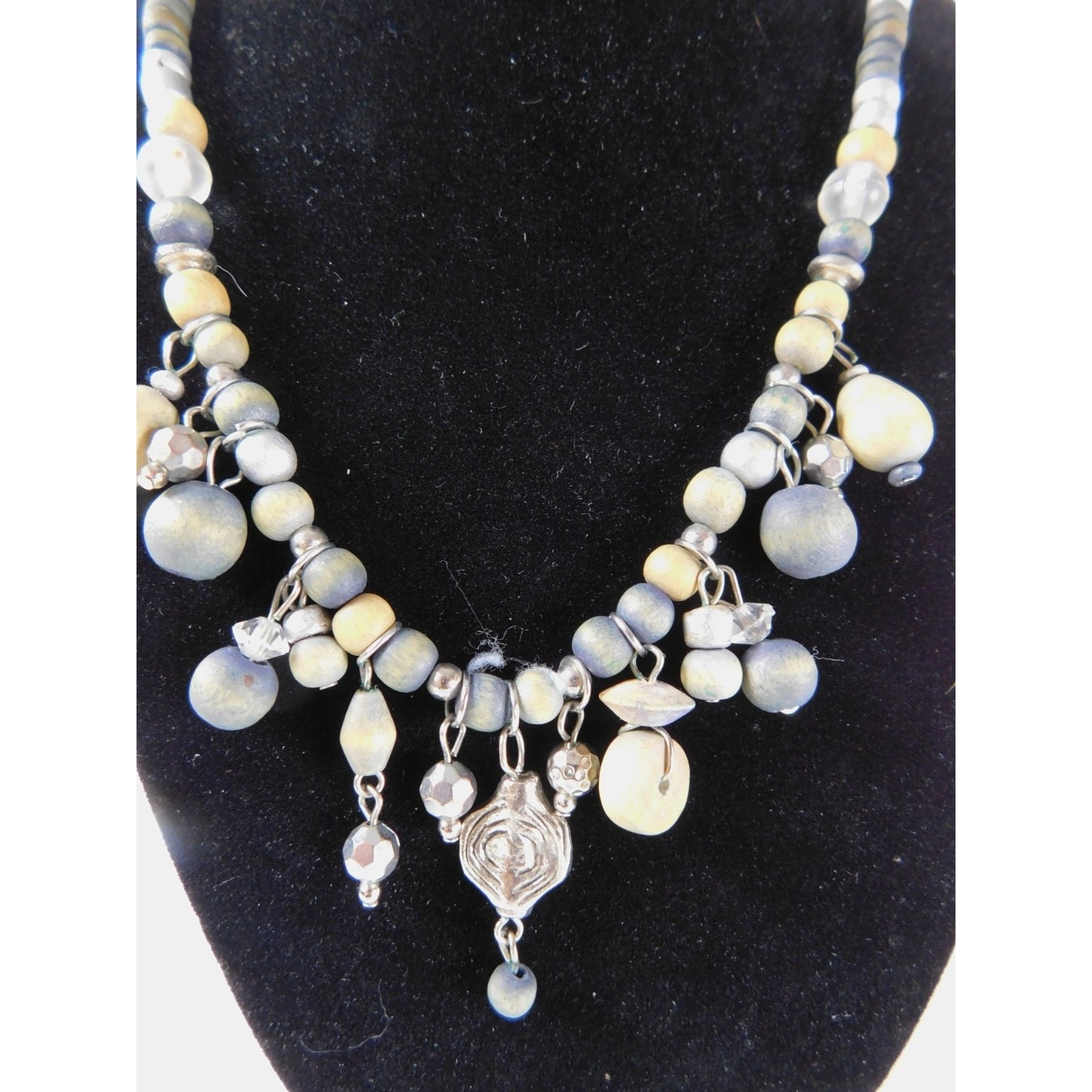 Vintage Handmade Beaded Necklace Silver Tone Dangle Boho Unique Statement Jewelr