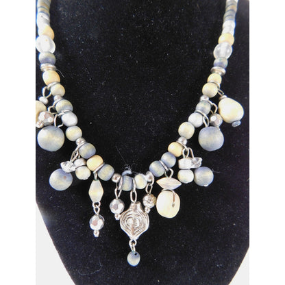 Vintage Handmade Beaded Necklace Silver Tone Dangle Boho Unique Statement Jewelr