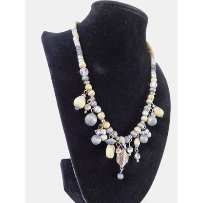 Vintage Handmade Beaded Necklace Silver Tone Dangle Boho Unique Statement Jewelr