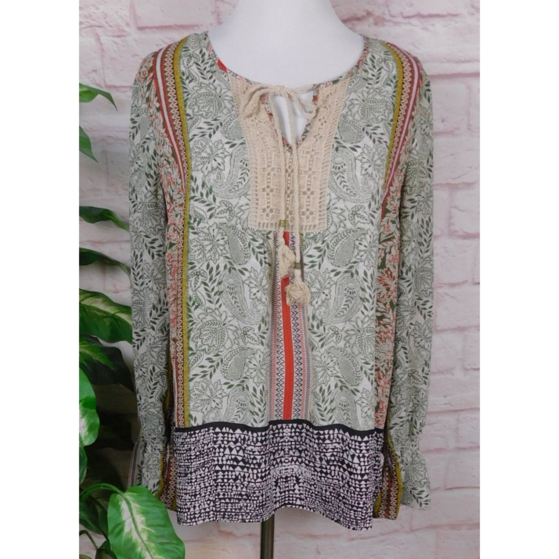 DR2 Boho Peasant Blouse Vintage Style Crochet Floral Print Top M