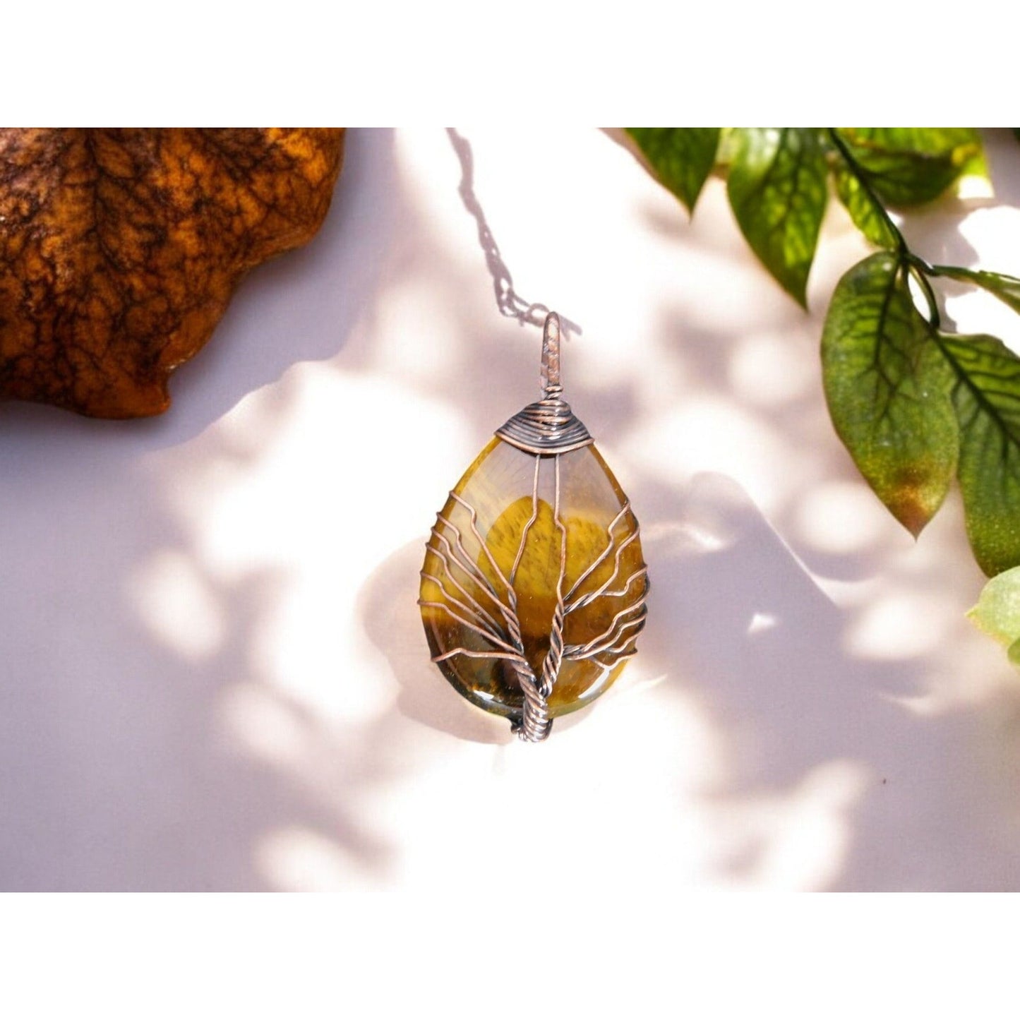 Tiger Eye Tree of Life Pendant Necklace Healing Crystal Jewelry 18"