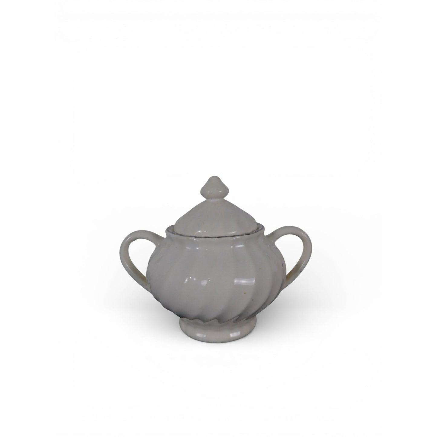 Vintage White Ceramic Sugar Bowl w Lid Double Handle Scalloped