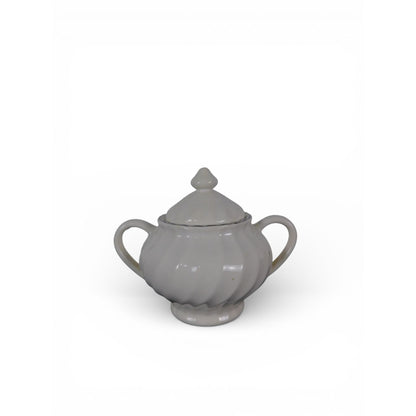 Vintage White Ceramic Sugar Bowl w Lid Double Handle Scalloped